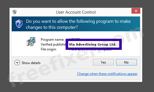 Screenshot where Via Advertising Group Ltd. appears as the verified publisher in the UAC dialog